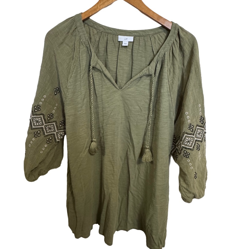J. Jill Olive Green Embroidered Boho Peasant Top